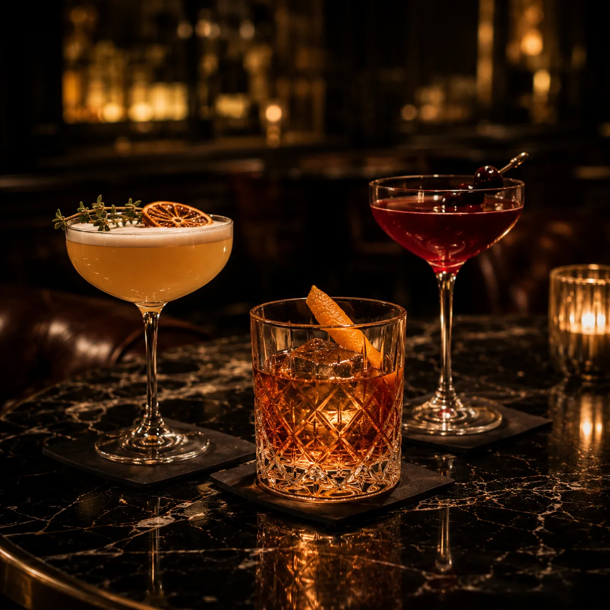 Three signature cocktails on black marble