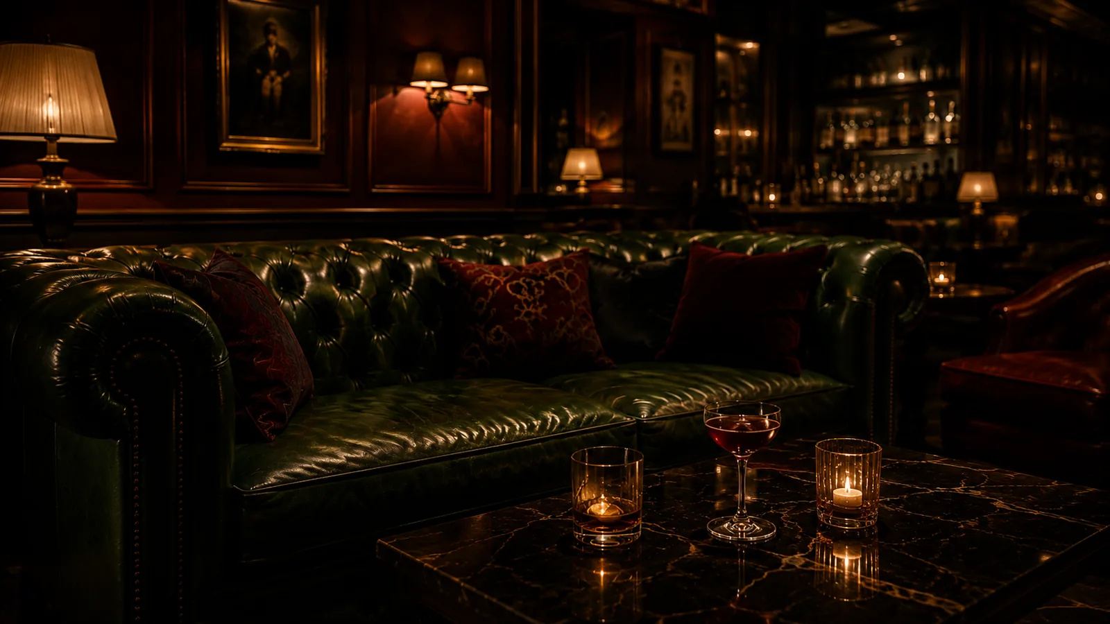 Chesterfield lounge seating with warm candlelight